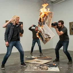 1 9 1 2 photograph of disgruntled artists throwing burning canvases at the first photographic camera