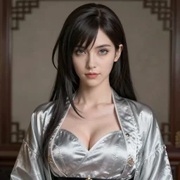 tifa lockhart portrait, silver silk robe and decollete bra, art by artgerm, wlop, loish, ilya kuvshinov, 8 k realistic, hyperdetailed, beautiful lighting, detailed background, depth of field, symmetrical face, frostbite 3 engine, cryengine,