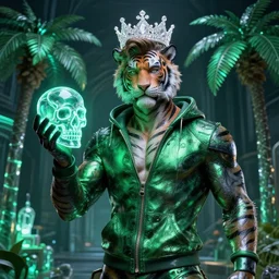 hyper detailed ultra sharp portrait of baroque and bladerunner delicate neon emerald and onyx sculpture of ( handsome muscular king james franco ) ( ( striped tigers ) ) wearing ( ( metallic green hoody ) ) ( holding a glass neon skull ) space dungeon, glowing glass palm trees, crown of white diamonds, cinematic lighting, photorealistic, octane render 8 k depth of field 3 d