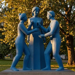 straight warm blue by alexandr averin. kinetic sculpture, the warm, golden light of the sun casts a beautiful glow on the scene, & the gentle breeze ruffles the leaves of the trees. the figures in the kinetic sculpture are engaged in a simple activity, the way they are positioned & the expressions on their faces suggest a deep connection. peace & contentment, idyllic setting.