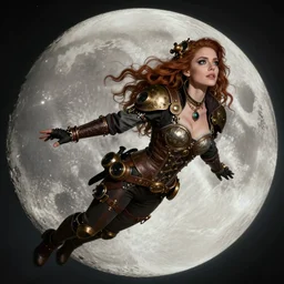 a woman in steampunk gear flying to the moon