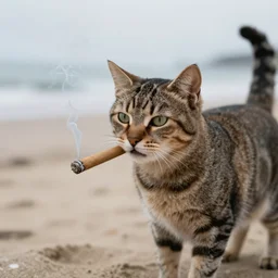 a cat smoking a cigar on a beach with out of focus camera