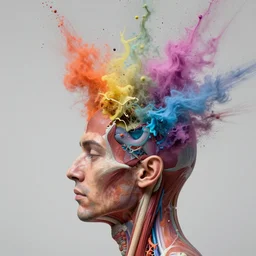still shot of a footage of a human head explodes and disintegrates into a huge mass of coloured powder and splashing paint, motion blur, hyperrealistic, medical, intricate art photography, anatomically correct, realistic crisp textures, 1 6 k