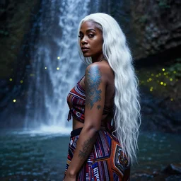 black woman with blue tattoo, white long hair, in ethnic cloth, near waterfall and fireflies