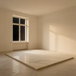 cream - colored room, vanilla - colored lighting, soft golden light, marble room, marble slabs, bare room, empty room, studio room, window to night time, night time, warm lighting inside, art by artgerm