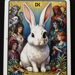 White Rabbit Death Tarot card,highly detailed,half skull face,cinematic,8k,by Stanley Artgermm,Tom Bagshaw,Greg Rutkowski,Carne Griffiths, Ayami Kojima, Beksinski, Giger,trending on DeviantArt,hyper detailed,horror, full of colour