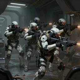 concept art by greg rutkowski, soldiers wearing futuristic white and black tactical gear, shooting in a combat, brutalist futuristic interior, dim lighting, detailed portraits, stressfull atmosphere, scifi, digital painting, artstation, concept art, smooth, sharp foccus ilustration, artstation hq
