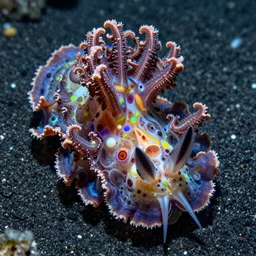 legendary fractal intricate nudibranch in beautiful colorful, on dark sand, award winning underwater nature photography