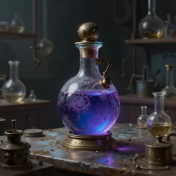 a painting of a steampunk potion bottle in purple and blue on a counter in a dark dusty vintage science lab, by h. r. giger, hyperrealistic fantasy art, concept matte, ethereal, dreamy, digital art, trending on artstation, volumetric cinematic lighting