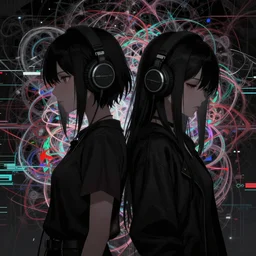 two lesbian anime girls wearing headphones, esoteric fractal glitchy background, dark and gothic, brutal and intricate, somber, stylized, japanese, artstation, highly detailed, noisy, vhs glitch, expired film, amazing composition, 4 k