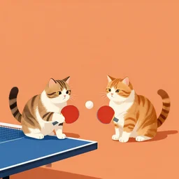 twee katten spelen tafeltennis voor oranje achtergrond