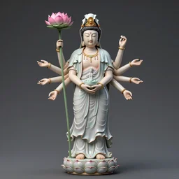 a multi armed quan yin sculpture, standing in meditation holding a comically large lotus flower, digital art, artstation, concept art, beautiful porcelain statue,