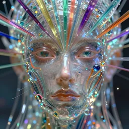 of a fantasy close up of a face with lots of colors and rays and strands digital art, concept eclectic, high detail, in glass