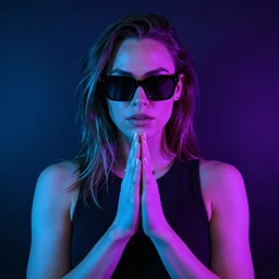 gal gadot with sunglasses holding his hands together, blue lighting on the left and purple lighting on the right, dark wall background, a character portrait by oliver sin, instagram contest winner, aestheticism, bryce 3 d, synthwave, retrowave