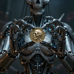 mechanical cybernetic hands holding a coin that's worth 1 human soul, to be traded in hell. centered. horror cyberpunk dystopia style. highly detailed 8 k. intricate. nikon d 8 5 0 3 0 0 mm. award winning photography.