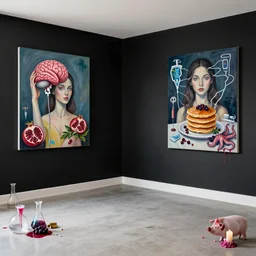 an empty apartment with black walls and a portrait of a female art student holding a brain, iv drip, radioactive, pomegranate, organic, femme, high voltage, pancakes, berries, octopus, surgical supplies, pig, scientific glassware, art materials, candle dripping wax, berry juice drips, neo - expressionism, surrealism, acrylic and spray paint and oilstick on canvas