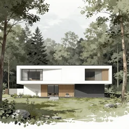 detailed Architectural Illustration of minimalistic modern house in the forest
