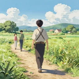 a detailed print block painting of ronin kramer wandering the countryside, by dan mumford, yusuke murata, makoto shinkai, ross tran, cosmic, heavenly, god rays, intricate detail, cinematic, 8 k, cel shaded, unreal engine, featured on artstation, pixiv