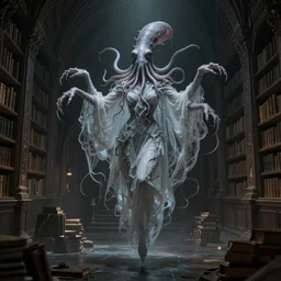 concept designs for an ethereal wraith like figure with a squid like parasite latched onto its head and long tentacle tendril like arms that flow at its sides while it floats around collecting knowledge in ancient forgotten libraries and that hides amongst the shadows for the resident evil game franchise with inspiration from the franchise Bloodborne and the mind flayer from stranger things on netflix