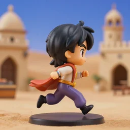side view of young aladdin as nendoroid running in desert village, 8 k hd dof, kodak film,