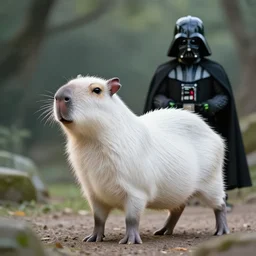 long shot of a white capybara with darth vader, beautiful, agile, fairy, myth, legend, detailed, trending on artstation, light effects, kilian eng, john harris, bastien lecouffe - deharme