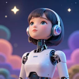 a beautiful calm robot girl looking up to the stars, photograph, colorful background, render, 3 d, render, 8 k, 4 d,