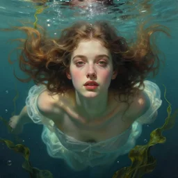 hyper realist matte digital painting of a young beautiful woman, beautiful face, jugendstill, floating in water, bubbles rising, seaweed, headspace, fairytale, fantasy art, photo realistic, dynamic lighting, artstation, volumetric lighting, by mucha, by charlie bowater, by karol bak, by alma tadema