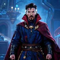 doctor strange in neo suit, sharp focus, volumetric lighting, blue tint
