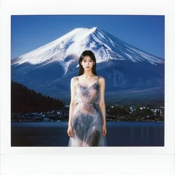 a instax photo of fuji mountain, a tall japanese girl in a transparent sheer fabric dress against the background of fuji mountain, severe snow, full body shot, perfect symmetrical body, perfect symmetrical face, coherent symmetrical eyes, by peter kemp, by monia merlo, hyperrealistic, hyperdetailed, octane render, 8 k