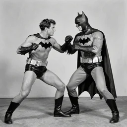 old black and white photo, 1 9 2 5, depicting batman fighting a mafia boss in an ally of new york city, rule of thirds, historical record