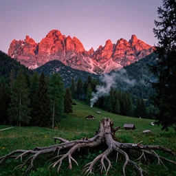 1 9 2 0 s color spirit photography 9 1 1 1 2 1 of alpine red sunrise in the dolomites, green lush forest, smoke from mountains, roots, by william hope, beautiful, dreamy, grainy