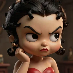 close up of an angry animatronic betty boop giving the side eye, furrowed brow, dimly lit, real - hair, photorealistic hyperdetailed 3 d matte painting, hyperrealism, hyperrealistic, cinematic, silent hill, unrealengine octane render,