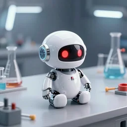 a cute rounded tiny harmless robot, made out of shiny white metal, red led eyes, sitting on a lab table, surrounded by lab tools, 3 d hyper realistic render, white neon lighting, pixar style, futuristic, science fiction, high angle close up shot, macro, technologic - n 9
