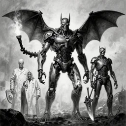 b & w inks of 4 character, cyborg bat, medical chromed, dystopian, by wayne d barlowe, h r giger, simon bisley & boris vallejo, enric torres, hyper realism, narrative light, muted colors, epic, hyper detailed, awe inspiring, award winning horror, torch lighting, hyper realism, cinematical