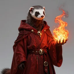 a anthropomorphic ferret is a dark warlock dressed red robes, he's very menacing and evil, he's holding a fireball, hyperdetailed, artstation, cgsociety, 8 k