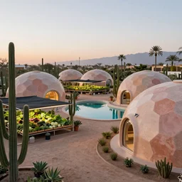 futuristic adobe housing domes in a permaculture biosphere, ceramic pastel earthships with hexagonal surface texture, biophillic architecture, urban planning, cactus park, closed ecosystem, racks of vegetables propagated under shadecloth,  in the middle of the desert, with a miniature indoor lake, XF IQ4, 150MP, 50mm, F1.4, ISO 200, 1/160s, natural light at sunset with outdoor led strip lighting