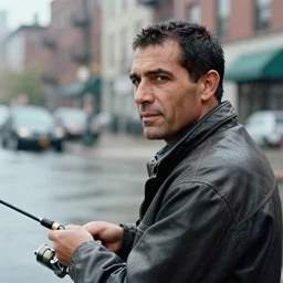 closeup portrait of a man fishing in a rainy new york street, photography, natural light, Steve McCurry