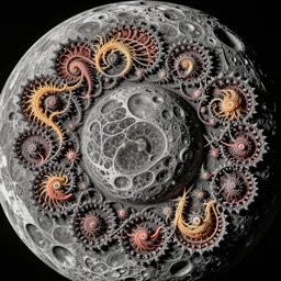 the moon landing remaked with fractals of veins and muscle tissue, the moon in the middle, fractals and spirals growing outwards, intricate mandelbrot fractals made of spagetthi, by giuseppe arcimboldo and beksinski, a touch of giger and yamamoto, realistic, high definition