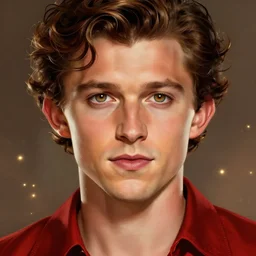 portrait of tom holland with hazel eyes, hazel colored eyes, red shirt, intricate, elegant, glowing lights, highly detailed, digital painting, artstation, concept art, smooth, sharp focus, illustration, art by wlop, mars ravelo and greg rutkowski