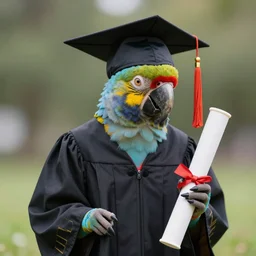 photograph of a parrot wearing a graduation gown and cap holding a diploma in its beak, photorealistic