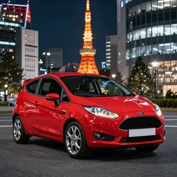 red ford fiesta mk 5 zetec in shibuya tokyo, award winning photograph, night time