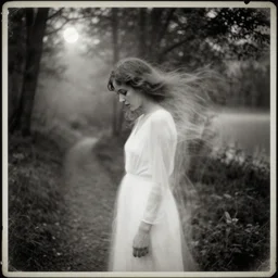 a double exposure of a beautiful side view portrait from above of a mystical young woman looking down, apparition, transparent, ghostly, white dress, motion blur, shaking head, with a landscape photo of a misty night forest, muted tones, forest trail, lake, dappled moonlight, black and white damaged photo, 1 9 2 0 s