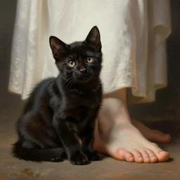 a black kitten sitting at the foot of god, close up of god's mighty foot dwarfing the tiny black kitten