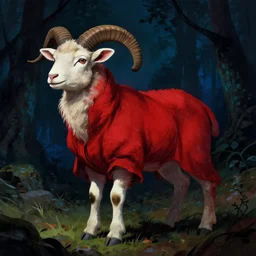 a lamb wearing red robes by greg rutkowski, deep colors and dark shadows, night forest background, ambient glow, cultist