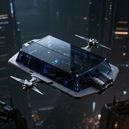 Rectangular dark glass and plastic flying sci-fi vehicle in a dark and moody futuristic city in the style of Bladerunner and Tron, designed by f-117, x-wing, octane render, product shot, backlit