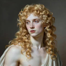 beautiful blond androgynous prince Lucius depicted as Apollo the Sun God by john william waterhouse, preraphaelite style, long fluffy blond curly hair, pale porcelain white skin, detailed, defined, chiaroscuro