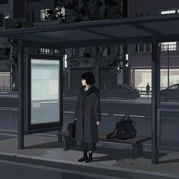 dark city bus stop, by Keiko Tanabe,very detailed,ArtStation