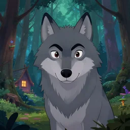 a closeup portrait cartoonish anthropomorphic grey wolf is lurking in a mystical forest full of wonders, pine trees, magical atmosphere, wooden house, trending on artstation, 3 0 mm, by noah bradley trending on artstation, deviantart, high detail, stylized portrait
