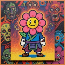 flowerpunk scally samurai, risograph grainy painting, blurred, gouache on canvas, vibrant colors, grotesque, wrapped thermal background, bymike mignola and yoji shinkawa art style, midshot wide portrait
