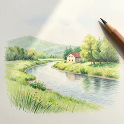 a color pencil sketch of a serene landscape with a singular building near a river, cute, natural lighting, high quality, highly detailed, drawing, realistic, godrays, complementary colors, beautiful, concept art